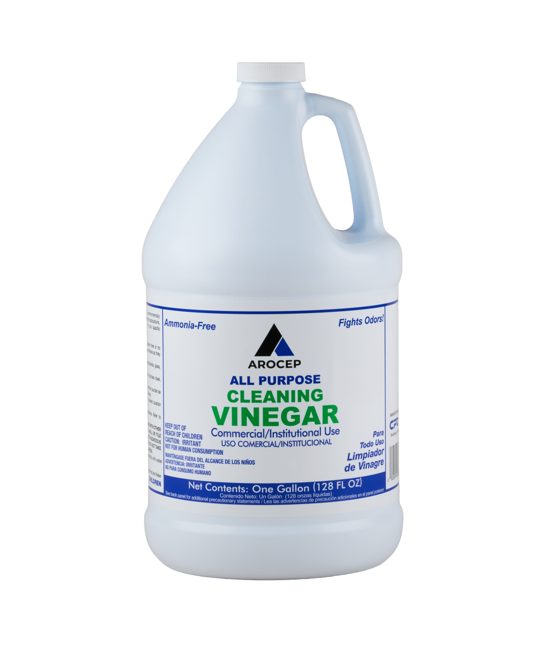 A white bottle of Arocep All Purpose Cleaning Vinegar. The bottle reads Ammonia-Free and Fights Odors.