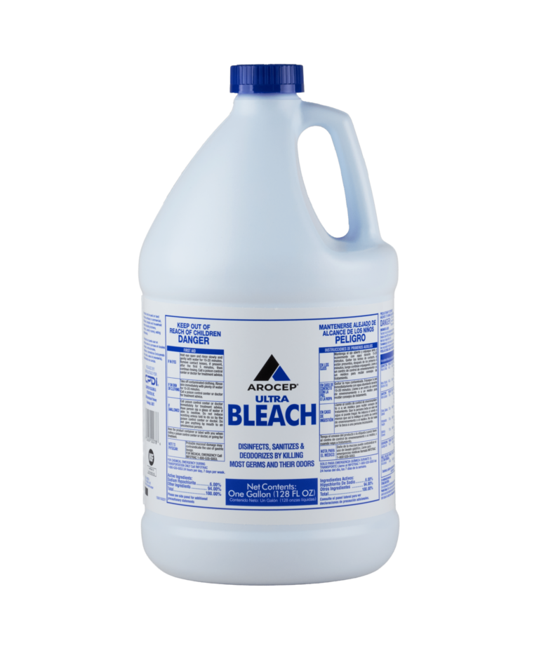 A white bottle of Arocep Ultra Bleach. The label reads "disinfects, sanitizes and deodorizes by killing most germs and their odors".
