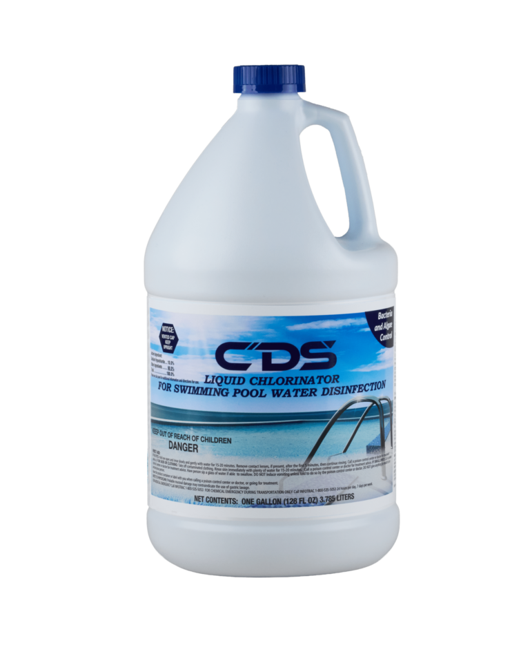 A white bottle of CDS Liquid Chlorinator has a blue label on it with an image of a swimming pool and a blue cap.