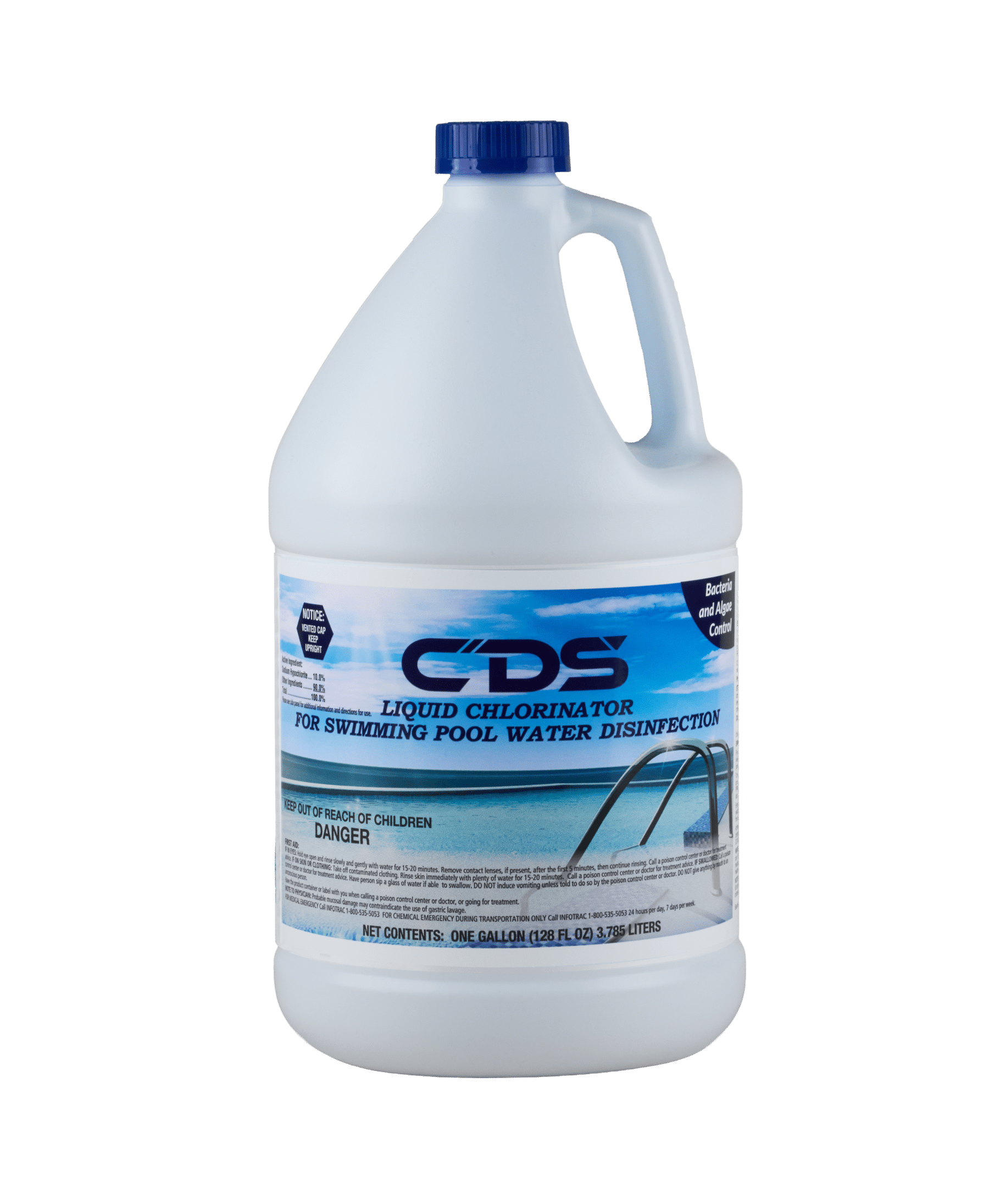 A white bottle of CDS Liquid Chlorinator has a blue label on it with an image of a swimming pool and a blue cap.