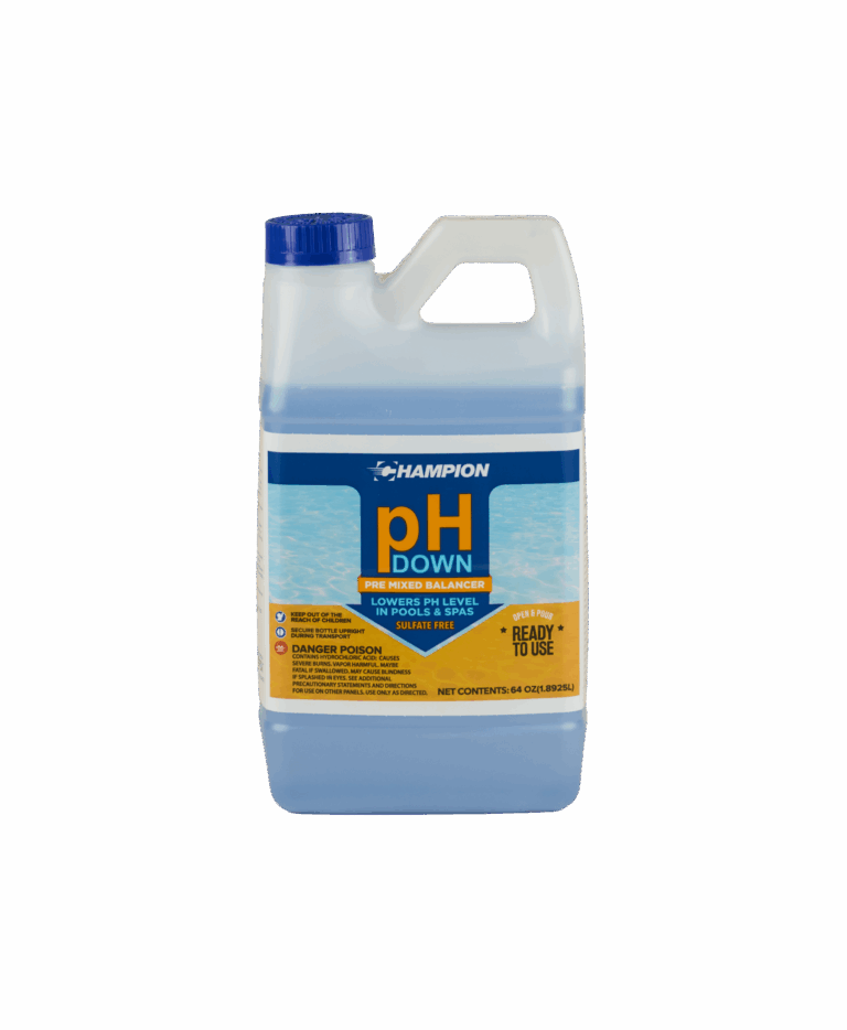 A clear bottle of Champion pH Down filled with blue liquid. The label reads "Lowers PH levels in pools and spas".