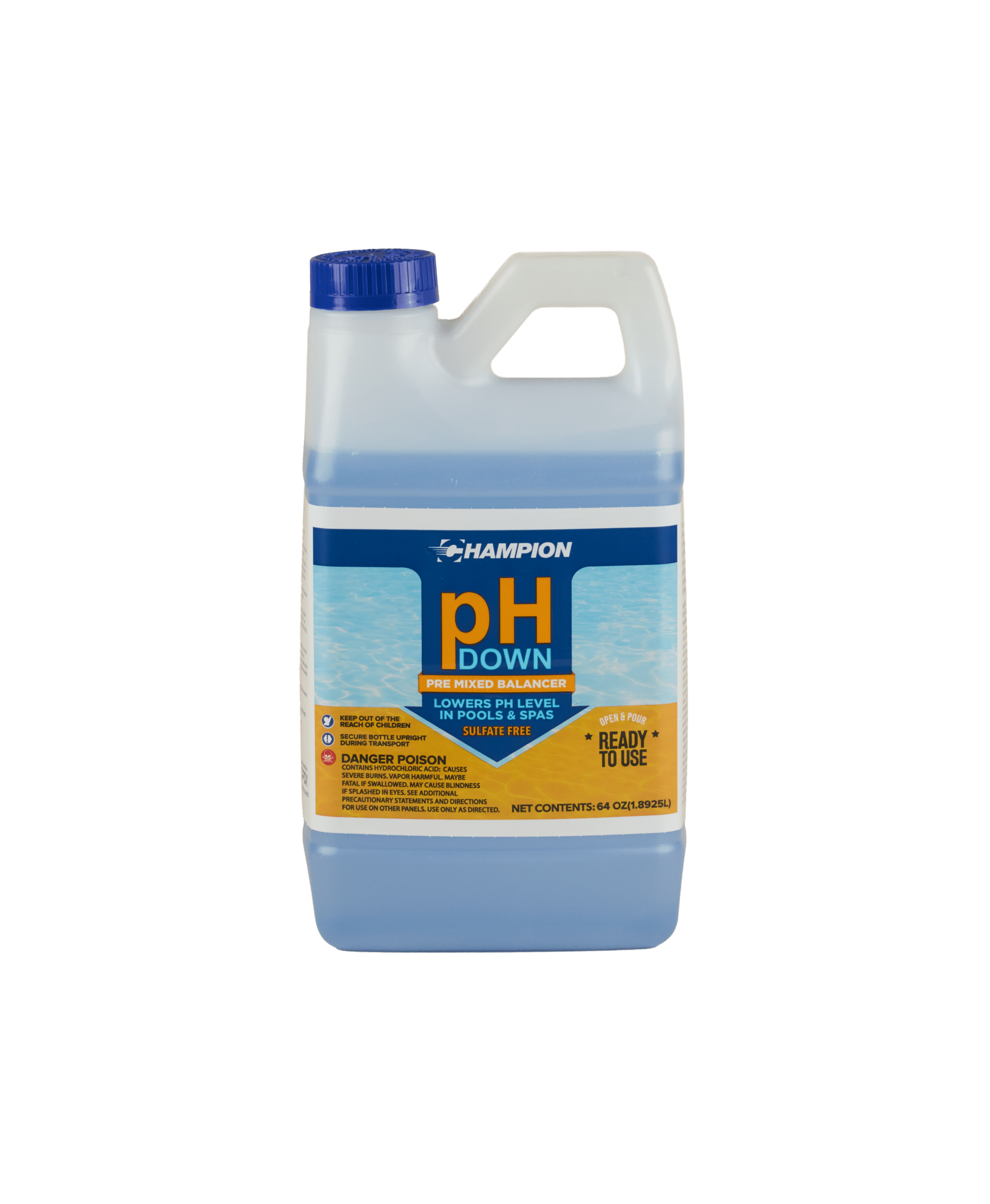 A clear bottle of Champion pH Down filled with blue liquid. The label reads "Lowers PH levels in pools and spas".
