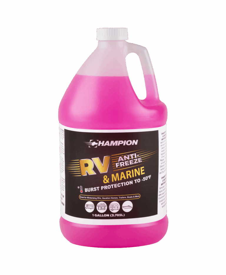 A bottle of Champion RV Anti-Freeze and marine burst protection to -50 degrees fahrenheit is filled with pink liquid.