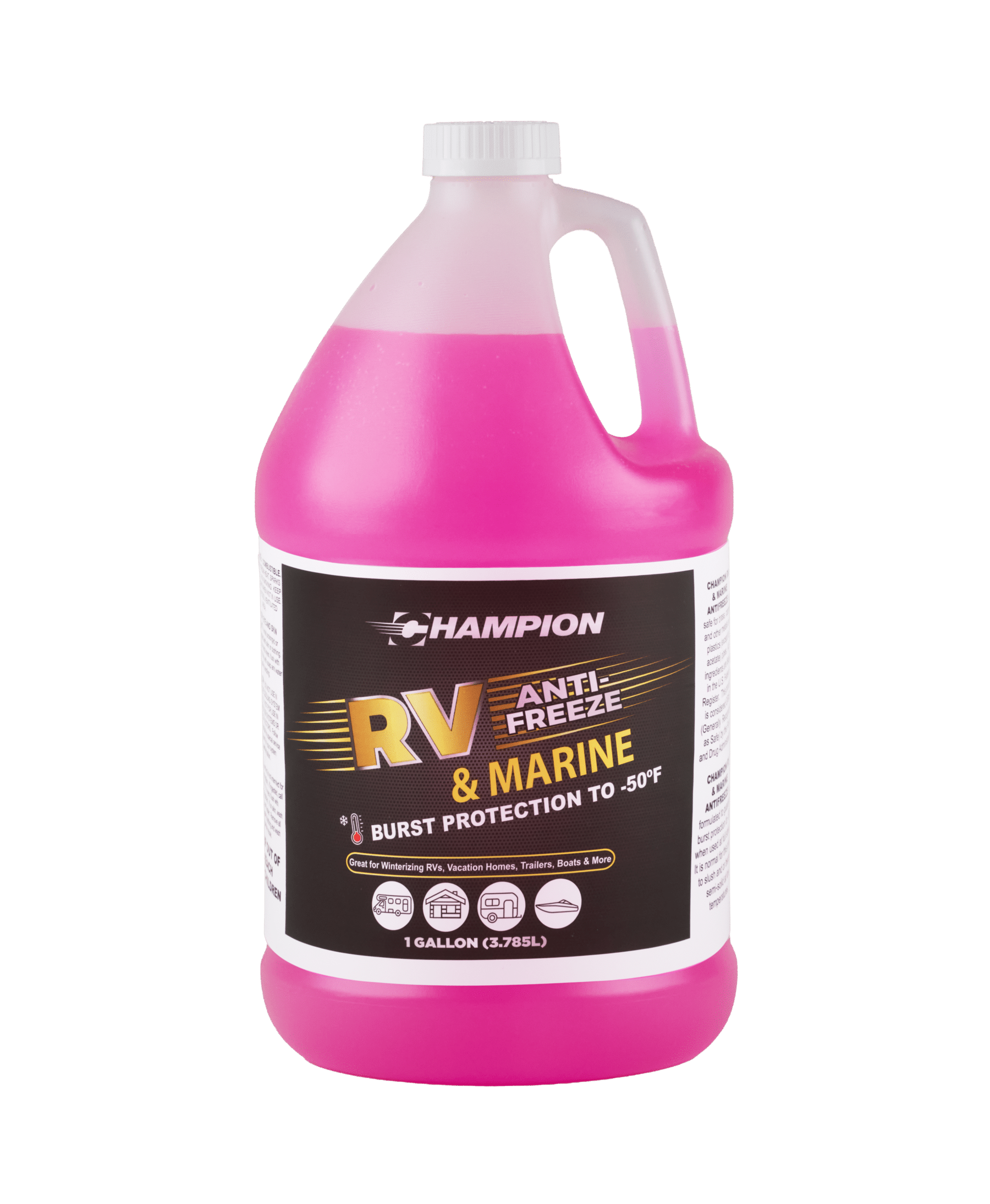 A bottle of Champion RV Anti-Freeze and marine burst protection to -50 degrees fahrenheit is filled with pink liquid.