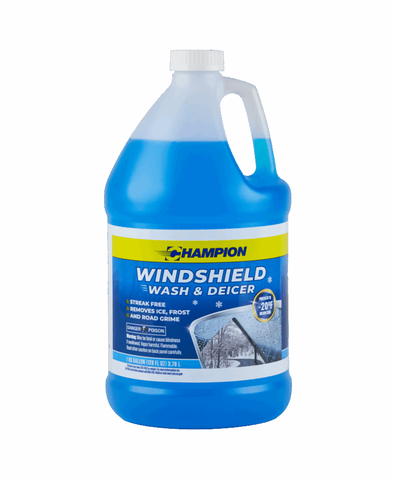 A bottle of Windshield wash and deicer is filled with bright blue liquid. The label reads "protects to negative 20 degrees fahrenheit".