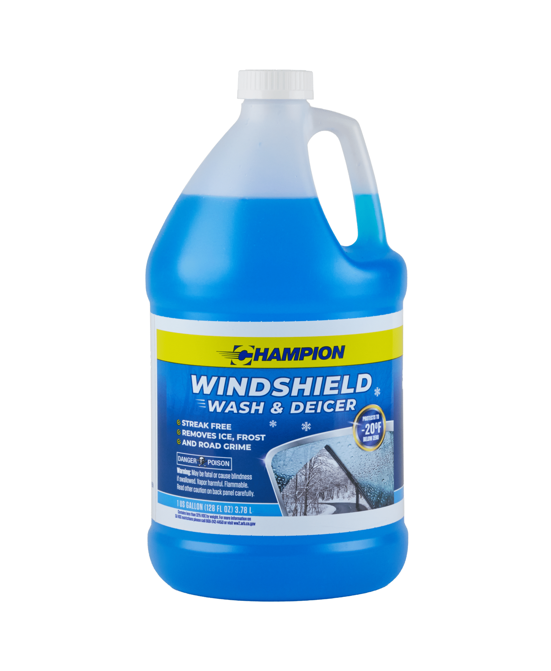 A bottle of Windshield wash and deicer is filled with bright blue liquid. The label reads "protects to negative 20 degrees fahrenheit".