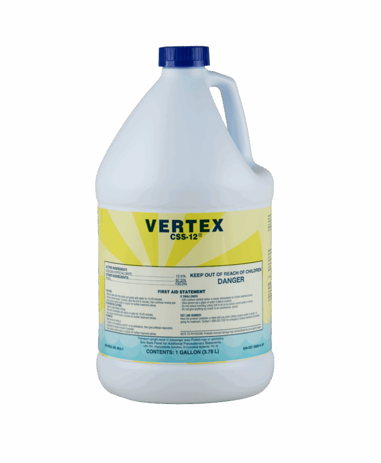 A white bottle of Vertex CSS-12 with a yellow label on it.