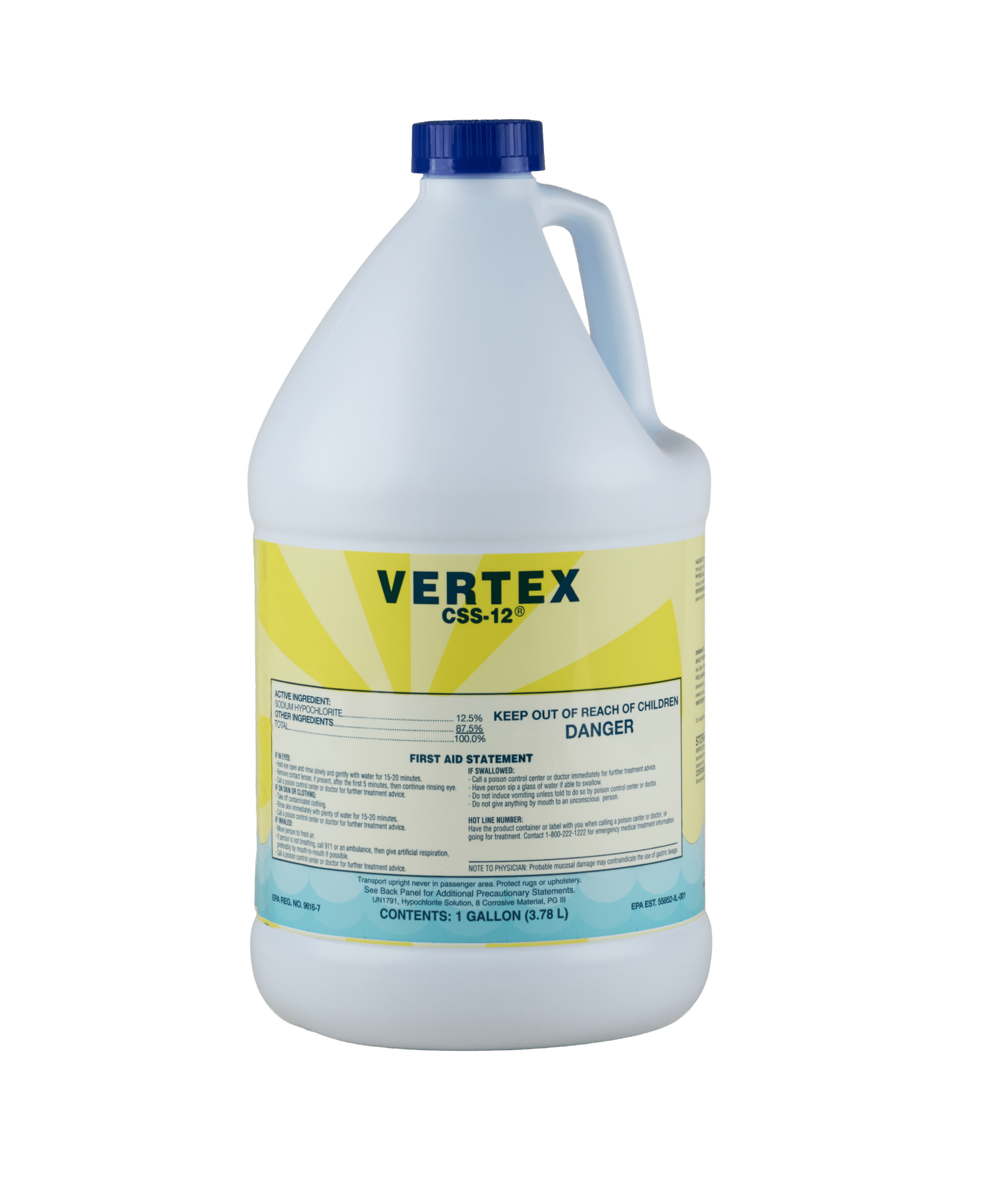 A white bottle of Vertex CSS-12 with a yellow label on it.