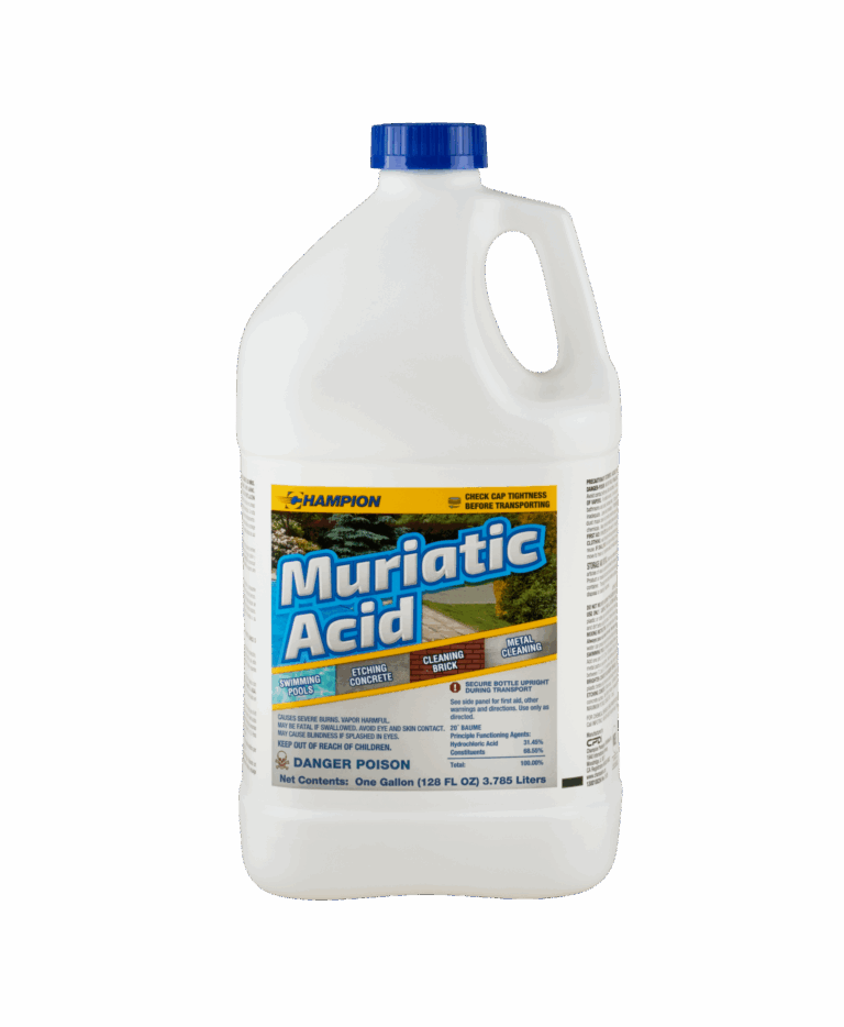 A white bottle of Champion Muriatic Acid. The label shows the different environments this product can be applied to including cleaning brick, metal cleaning, etching concrete, and swimming pools.