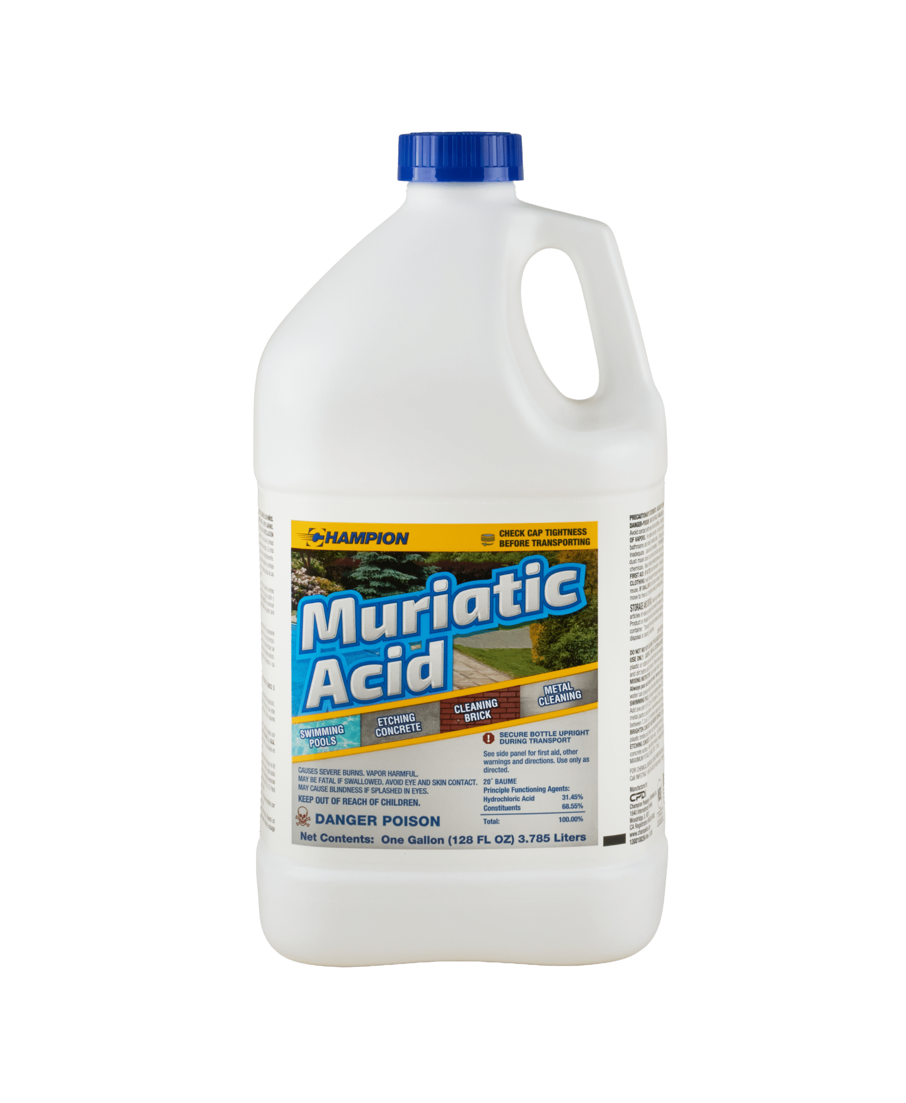 A white bottle of Champion Muriatic Acid. The label shows the different environments this product can be applied to including cleaning brick, metal cleaning, etching concrete, and swimming pools.