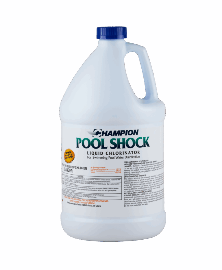 A white bottle of Champion Pool Shock Liquid Chlorinator for swimming pool water disinfection.