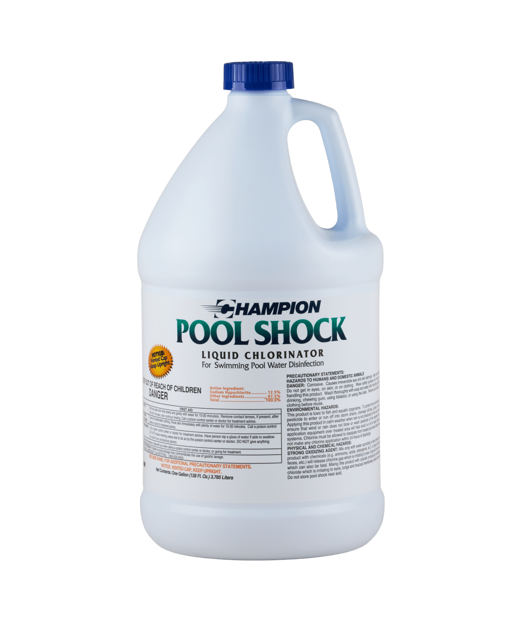 A white bottle of Champion Pool Shock Liquid Chlorinator for swimming pool water disinfection.