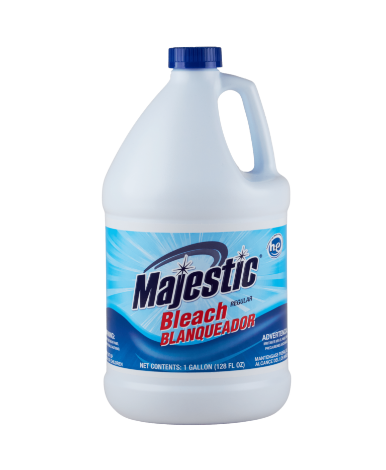 A white bottle of Majestic Bleach. The label is blue and the bottle has a blue cap.