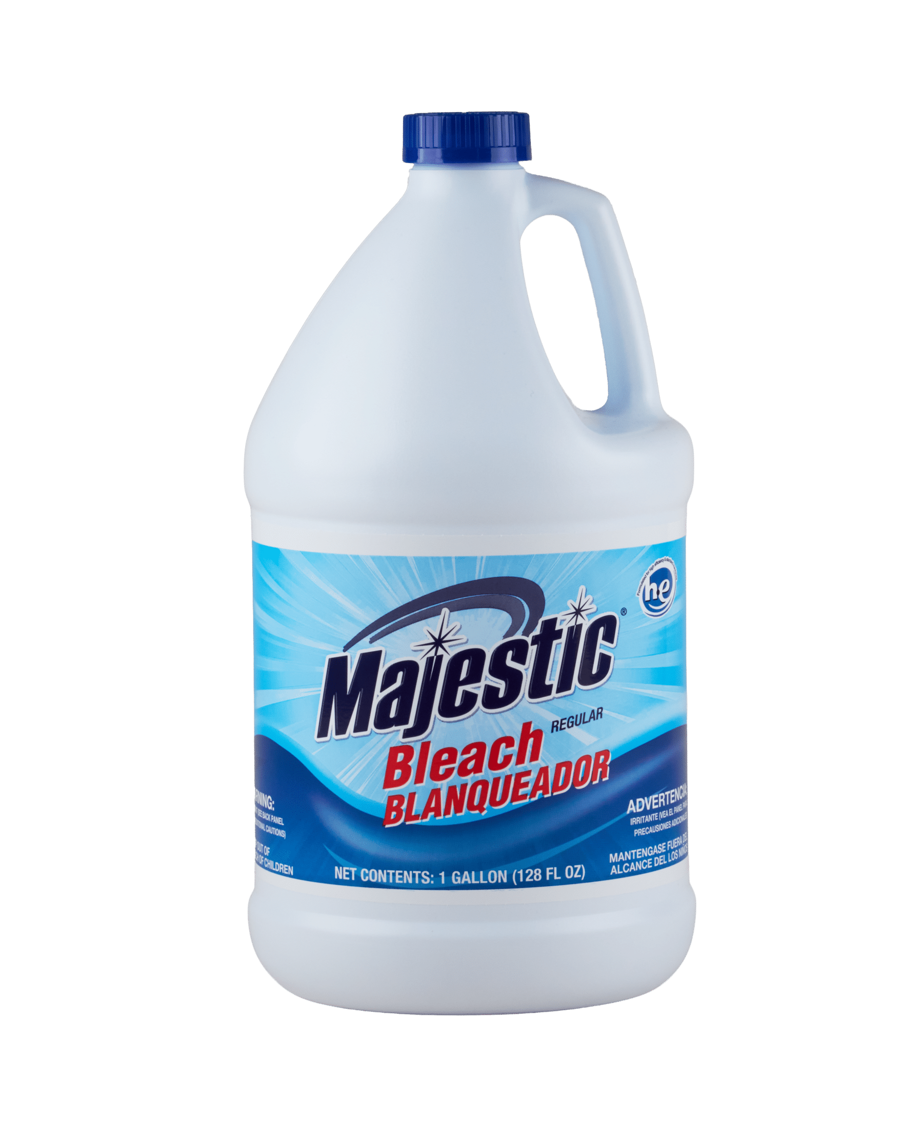 A white bottle of Majestic Bleach. The label is blue and the bottle has a blue cap.