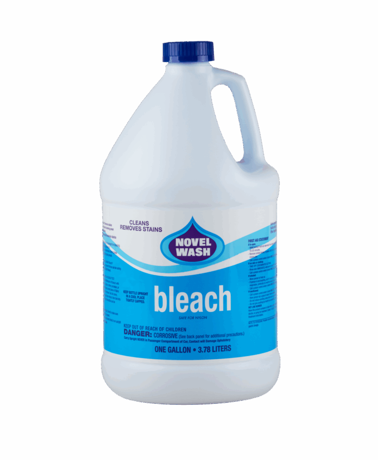 A white bottle of Novel Wash bleach. The label is half white and half blue with a label that says "Cleans and removes stains".