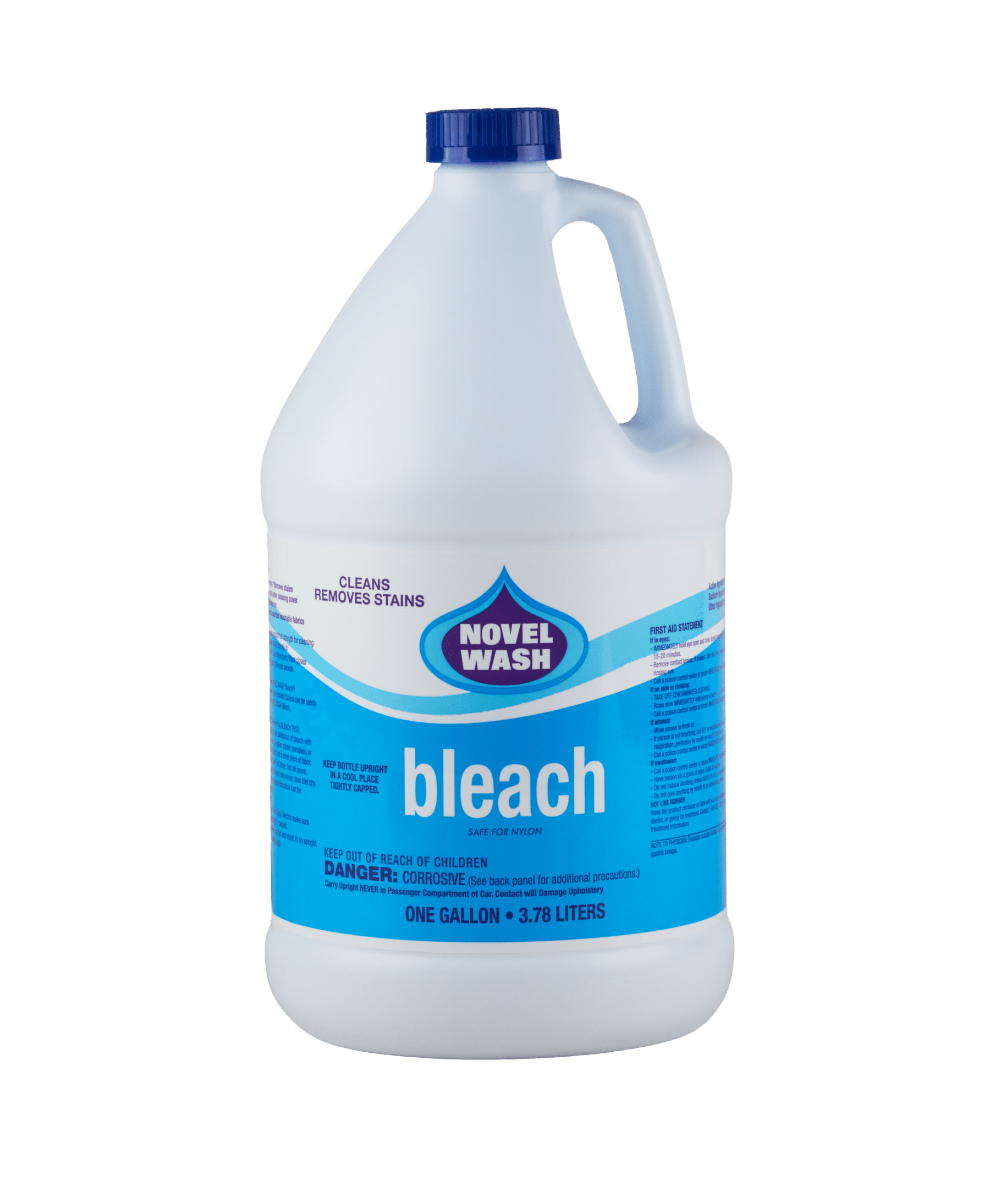 A white bottle of Novel Wash bleach. The label is half white and half blue with a label that says "Cleans and removes stains".
