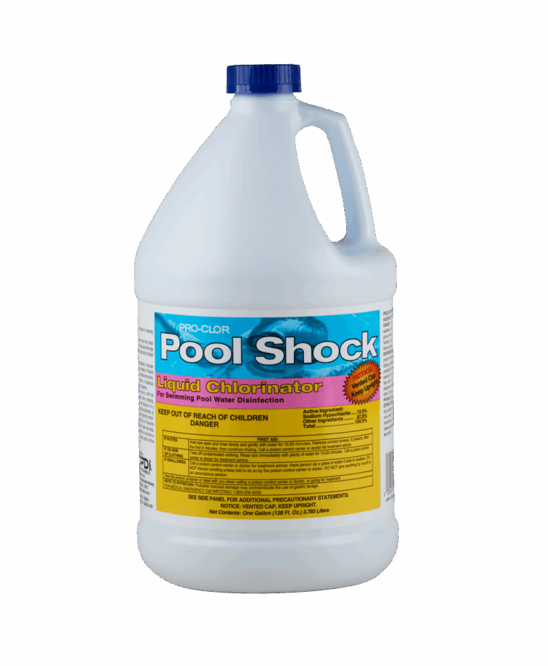 A white bottle of Pro-Clor Pool Shock Liquid Chlorinator. The bottle has a label that says "For swimming pool water disinfection".