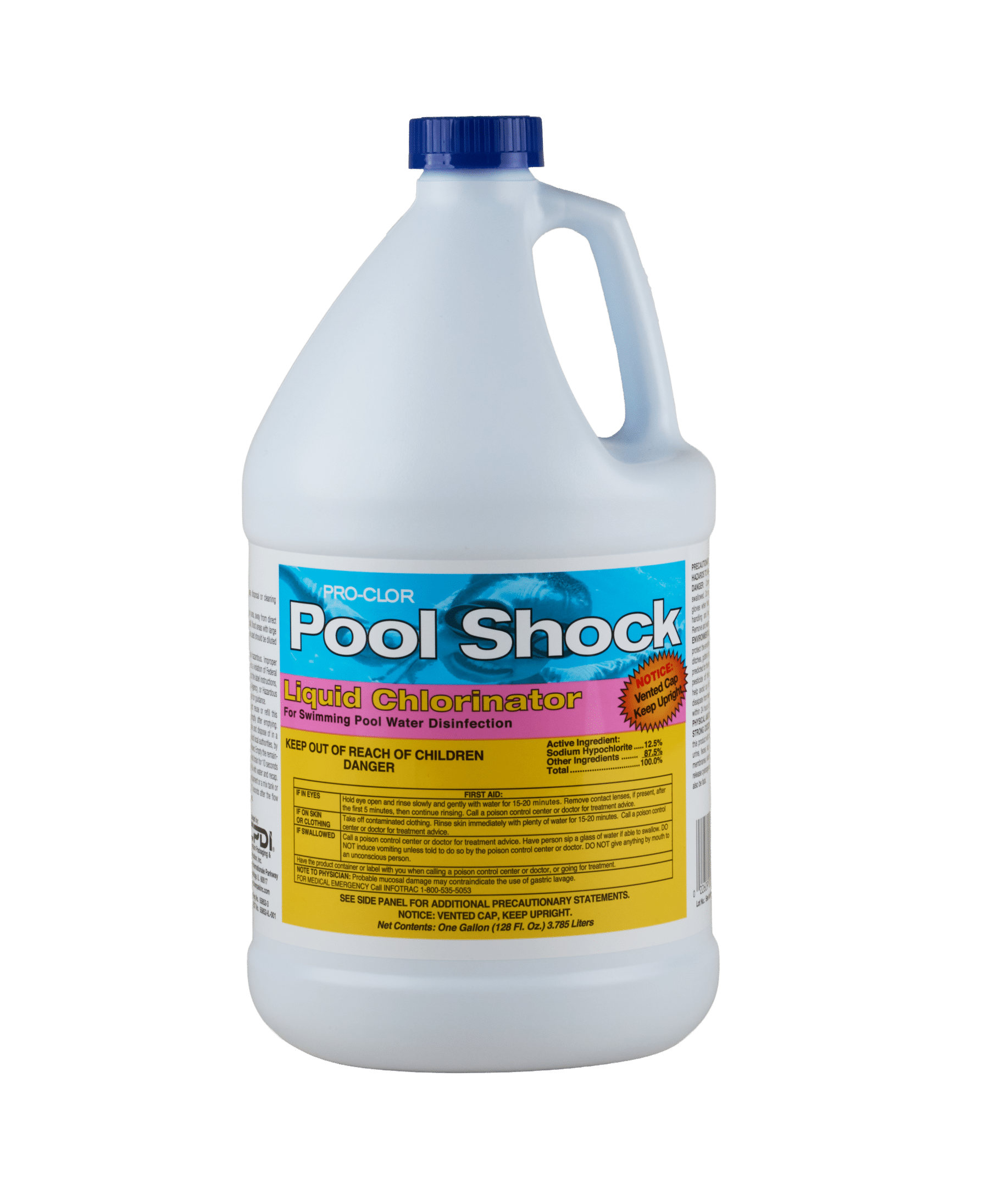 A white bottle of Pro-Clor Pool Shock Liquid Chlorinator. The bottle has a label that says "For swimming pool water disinfection".