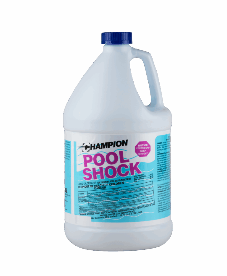 A white bottle of Champion Pool Shock. It has a label with blue background and a dark blue cap on it.