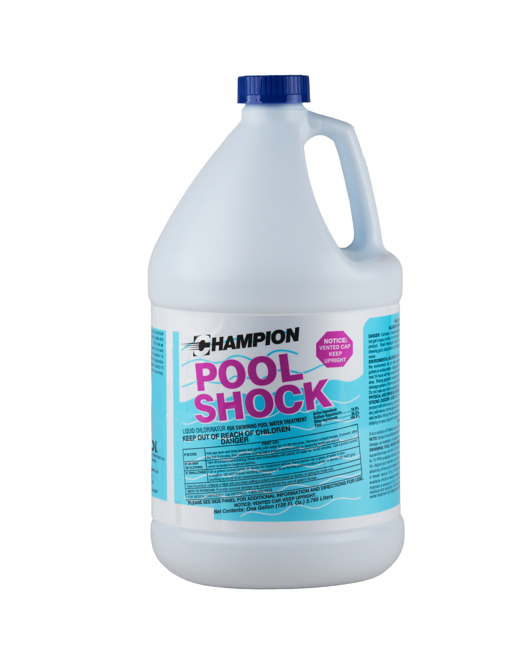 A white bottle of Champion Pool Shock. It has a label with blue background and a dark blue cap on it.