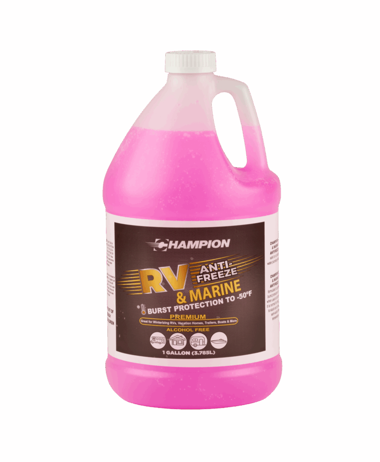 A bottle of Champion RV Anti-Freeze & Marine filled with pink liquid. The bottle reads "Burst protection to -50 degrees fahrenheit"