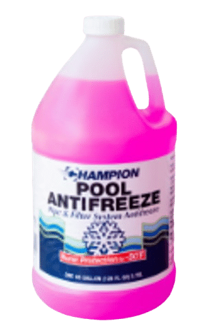 A clear bottle of Champion Pool Antifreeze filled with pink liquid. The label has a snowflake on it.