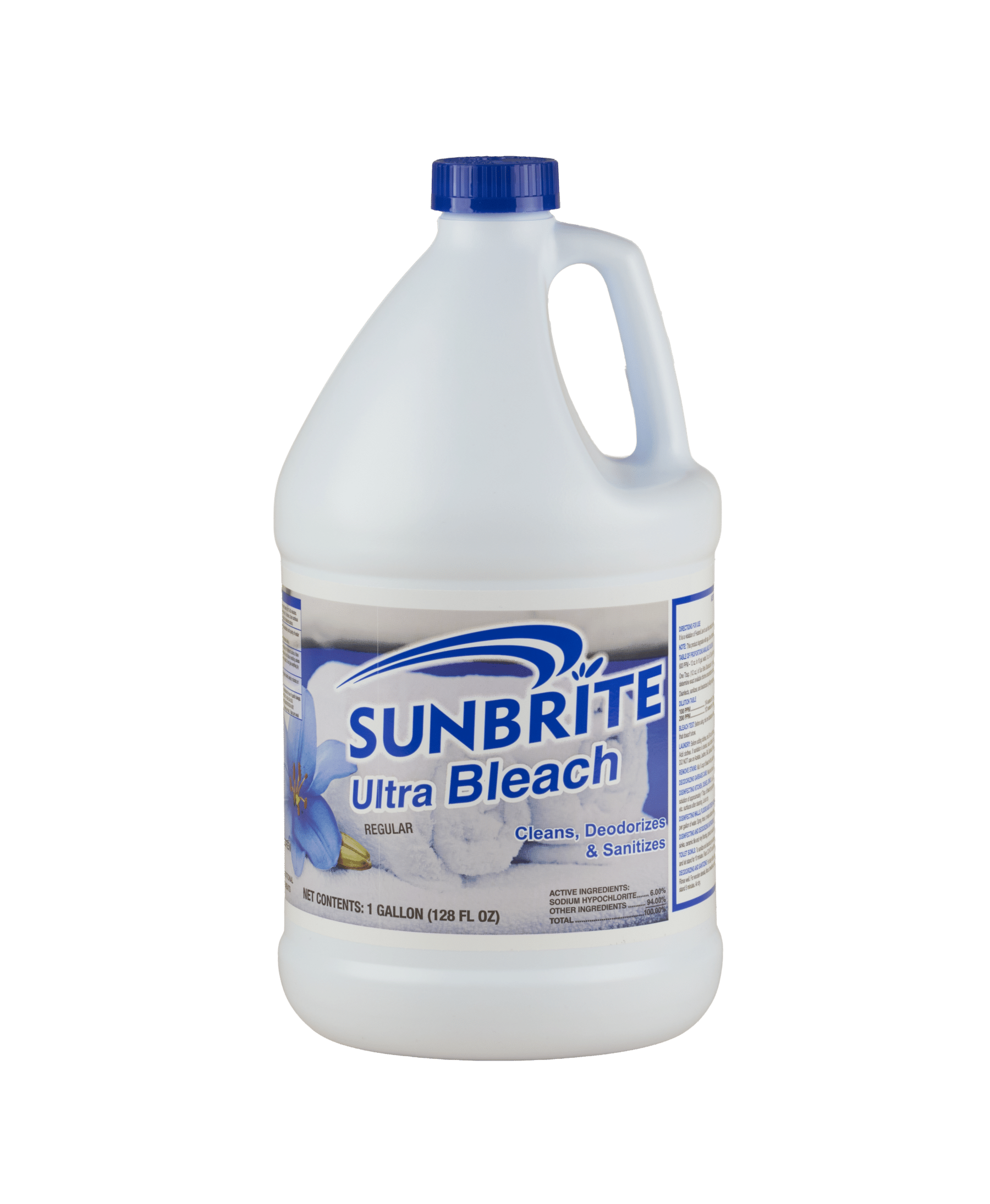 A white bottle of Sunbrite Ultra Bleach. The label shows clean, white towels and says "Cleans, deodorizes & Sanitizes".