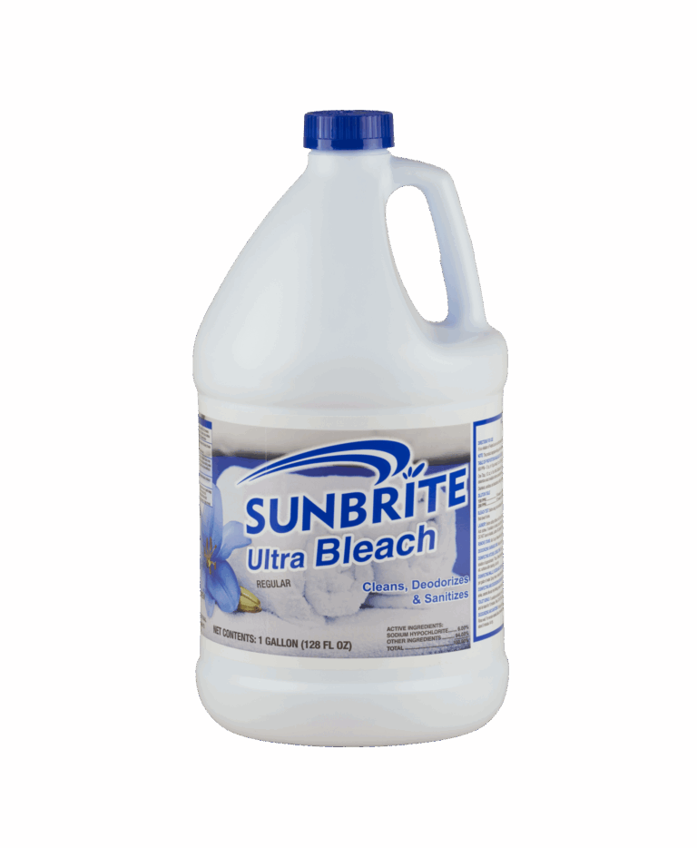 A white bottle of Sunbrite Ultra Bleach. The label shows clean, white towels and says "Cleans, deodorizes & Sanitizes".