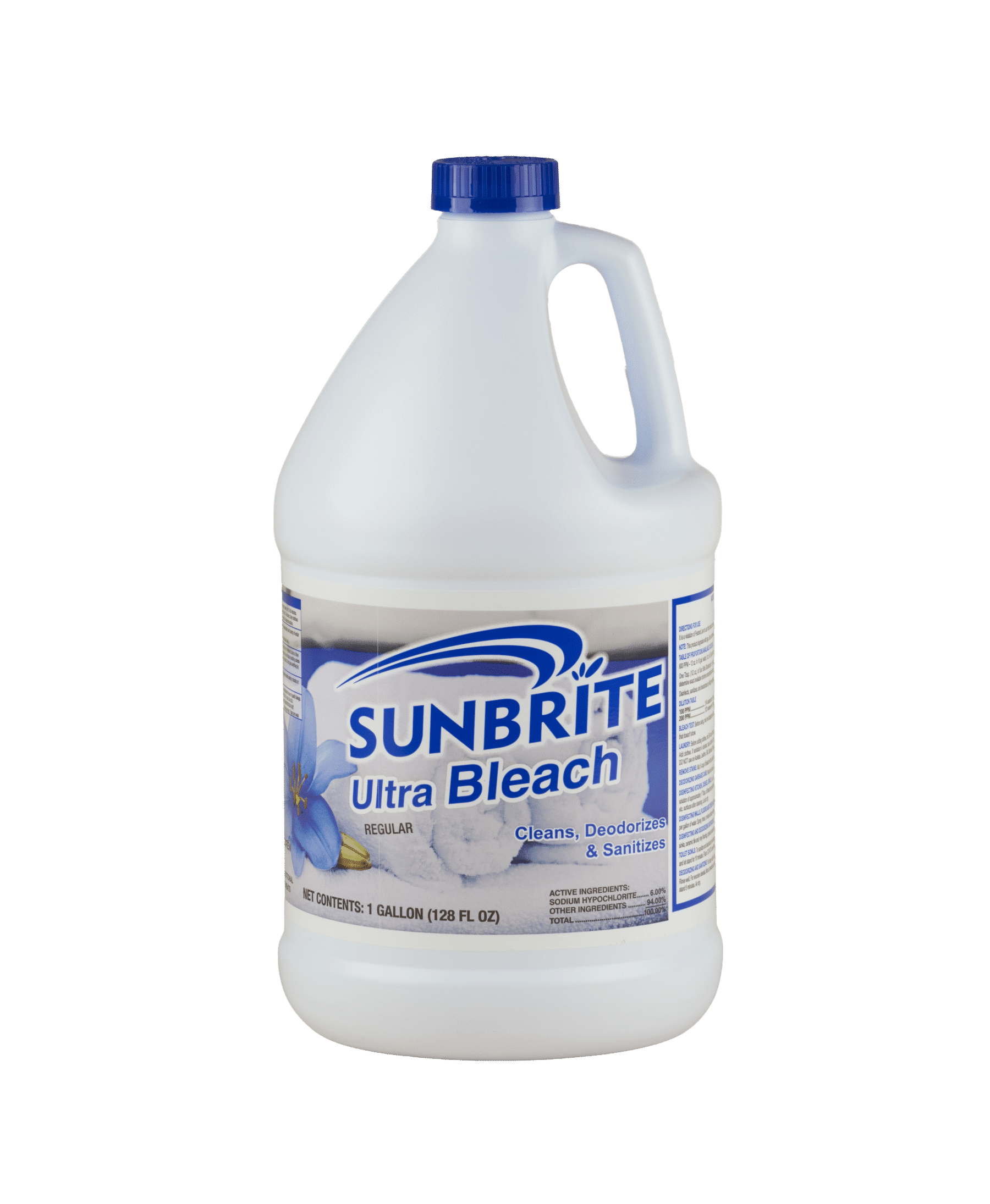 A white bottle of Sunbrite Ultra Bleach. The label shows clean, white towels and says "Cleans, deodorizes & Sanitizes".
