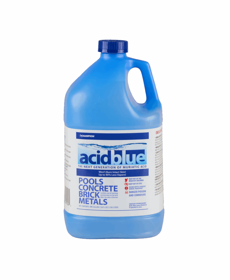 A blue botle of Champion acidblue. The label says "The next generation of muriatic acid, won't burn intact with skin, up to 90% less vapors"