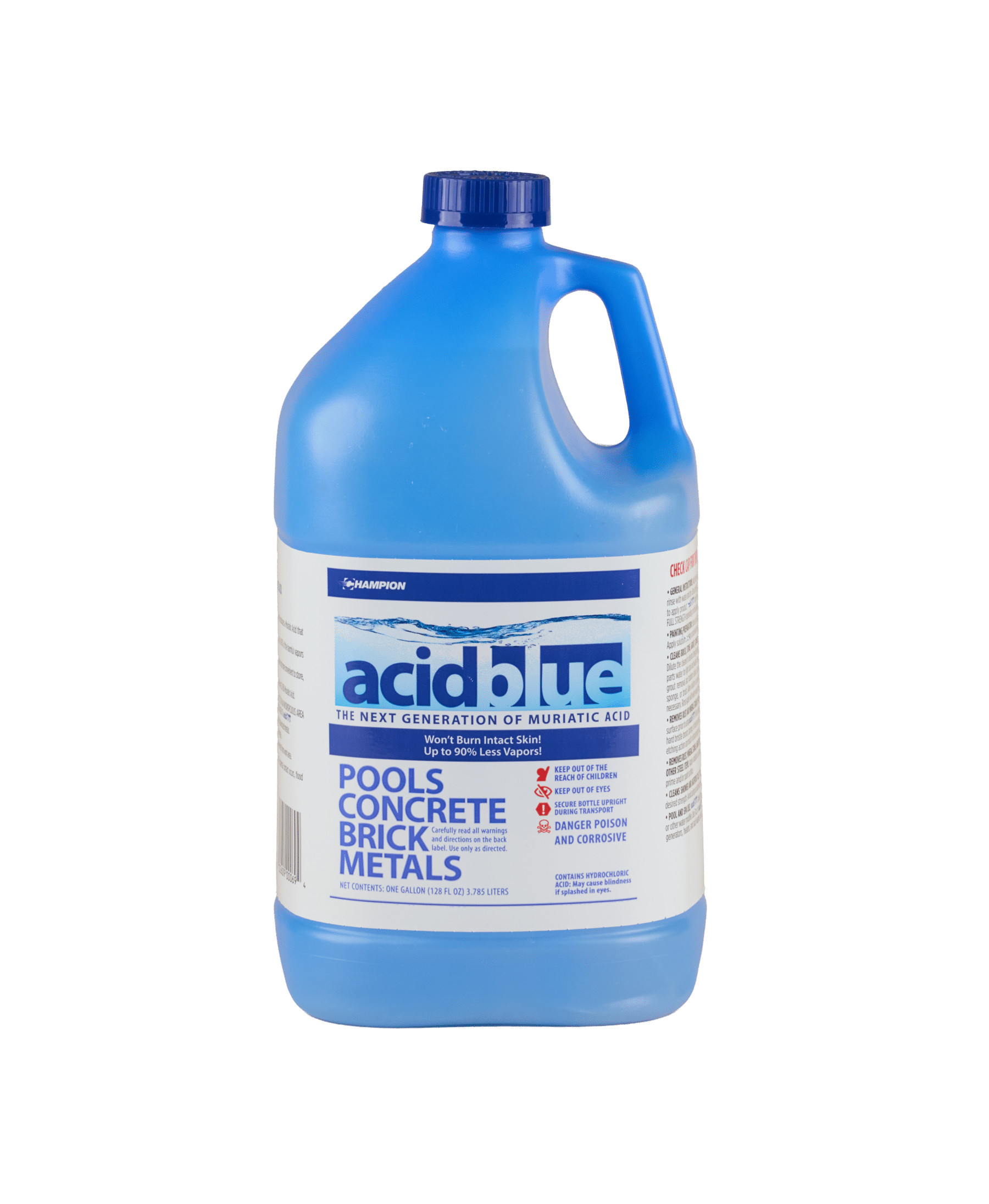 A blue botle of Champion acidblue. The label says "The next generation of muriatic acid, won't burn intact with skin, up to 90% less vapors"