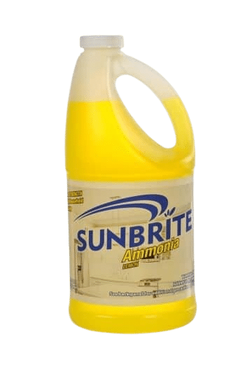A yellow bottle of Sunbrite Ammonia shows a sparkling kitchen on it's label.