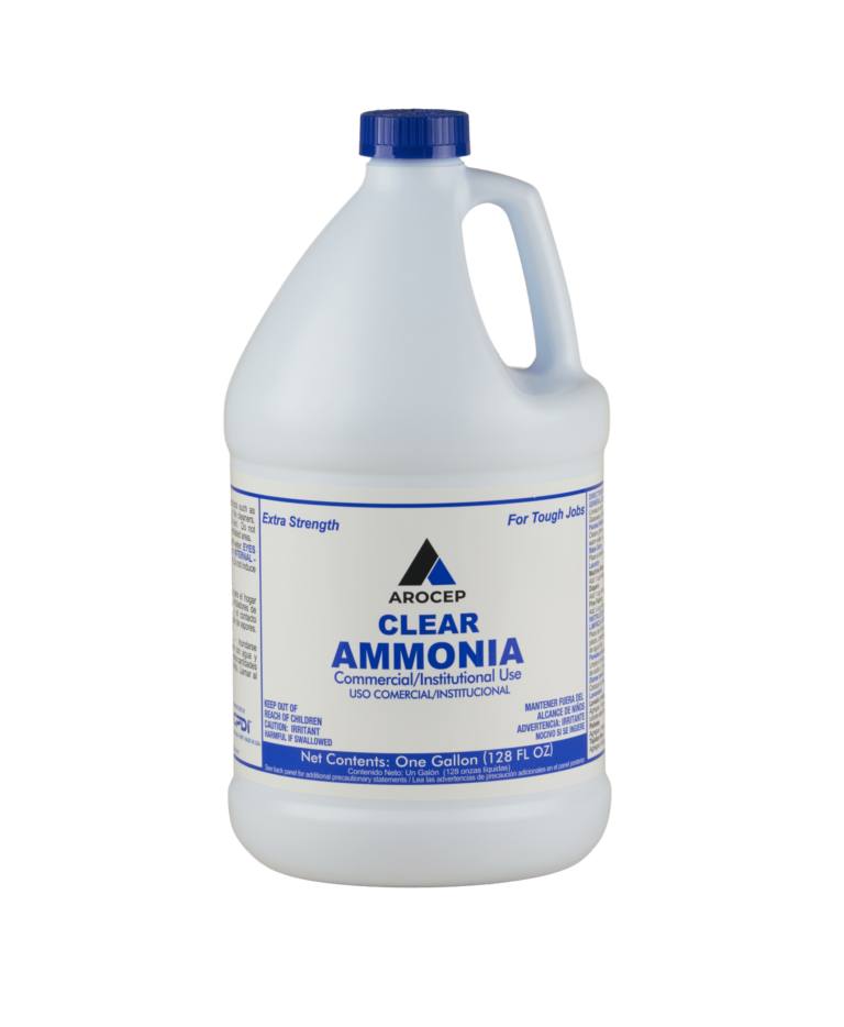A white bottle of Arocep Clear Ammonia. The bottle reads "Extra Strength" and "For Tough Jobs"