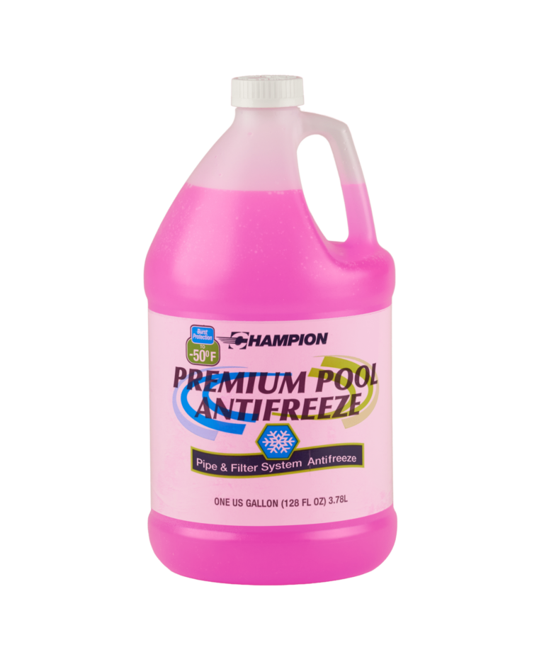 A clear bottle of Champion Premium Pool Antifreeze filled with pink liquid. The label reads "Burst protection to -50 degrees fahrenheti".