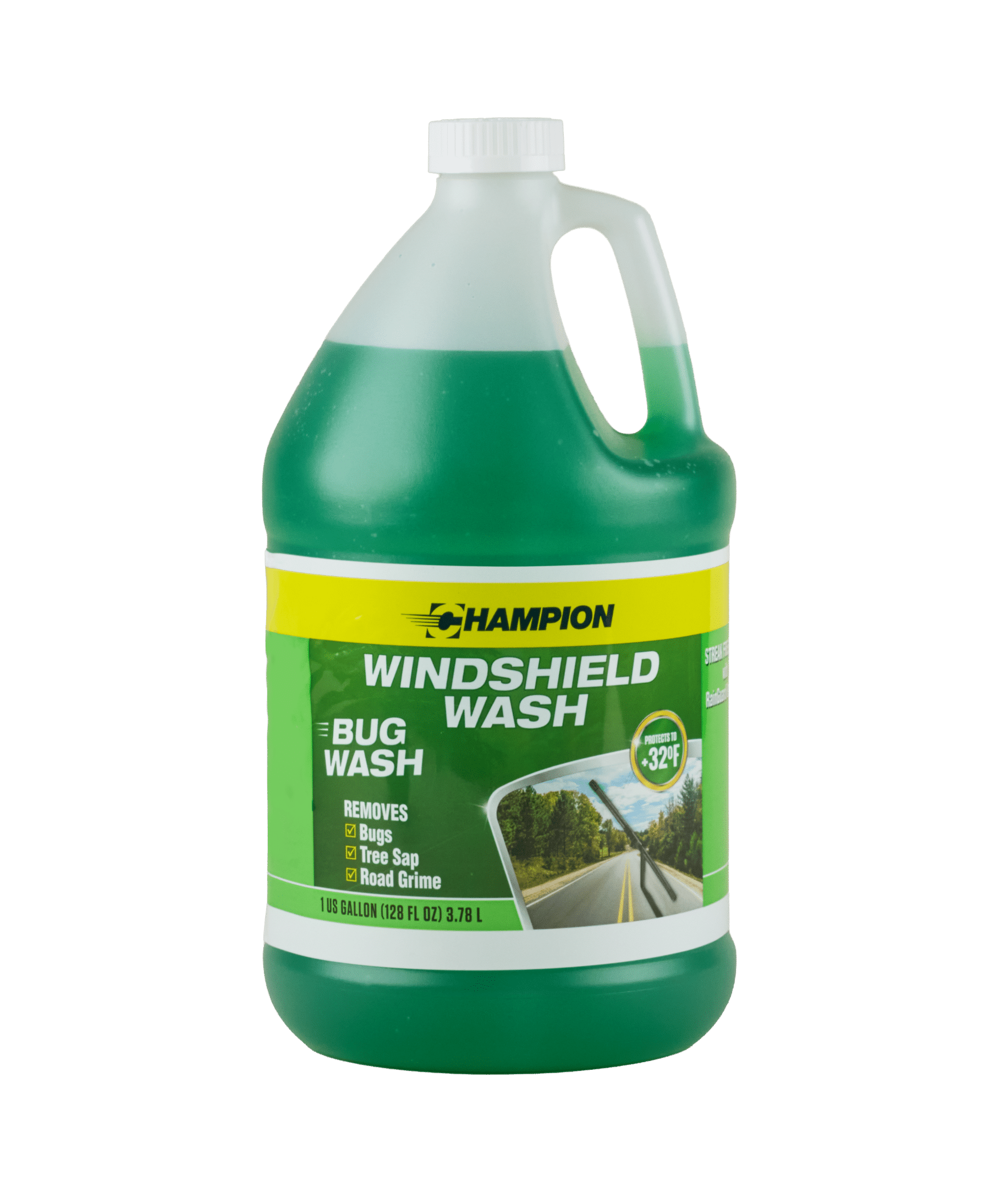 A bottle of Champion Windshield Wash filled with green liquid. The label says, "Removes bugs, tree sap, and road grime".