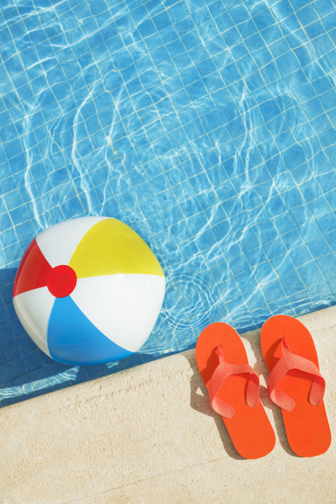 Swimming Pool Summer Fun with Floating Beach Ball, Flip Flops