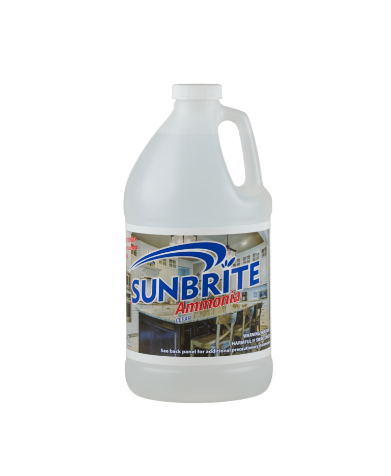 A white bottle of Sunbrite ammonia with clear liquid within it.