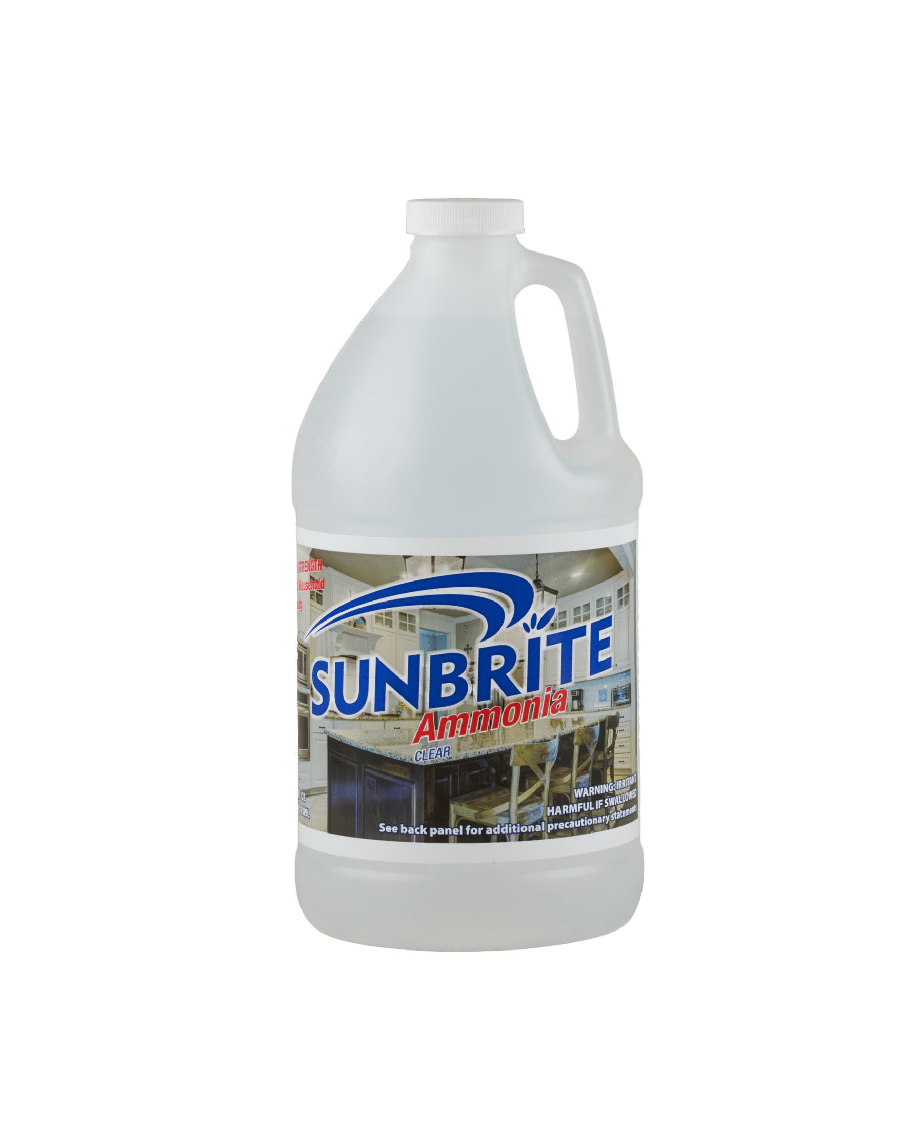 A white bottle of Sunbrite ammonia with clear liquid within it.